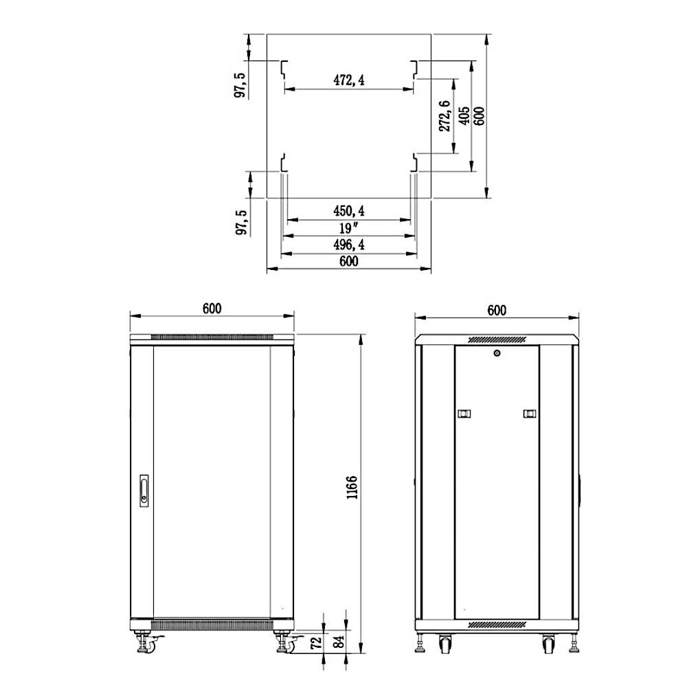 Rack-Schrank 22U 19" 600mm Freistehend S6622